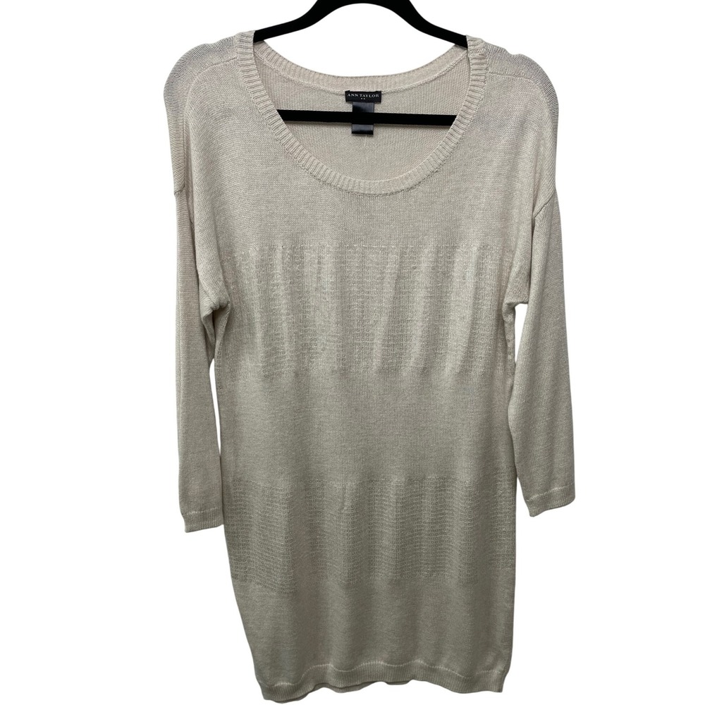 NEW Ann Taylor Tan Oatmeal Sweater Dress Tunic Top Sequin Glam 3/4 Sleeve Cozy M